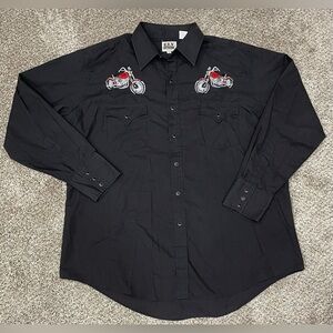 VTG Ely Cattleman Western Pearl Snap Shirt Embroidered Motorcycle Black Size XL